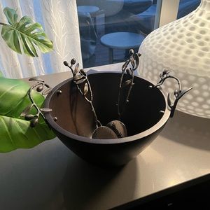 *NIB* MICHAEL ARAM "OLIVE BRANCH" Wood Serving Bowl & Utensils